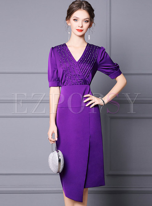 Purple Beaded V-neck Smocked Asymmetric Cocktail Dress