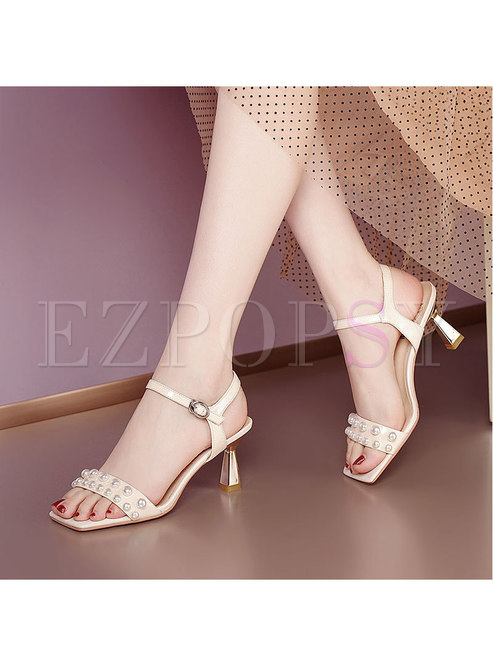 Square Toe Pearl Ankle Strap Mid Heel Sandals