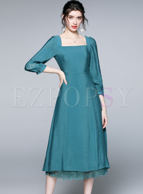 Long Sleeve High Waisted Lace Patchwork Maxi Dress