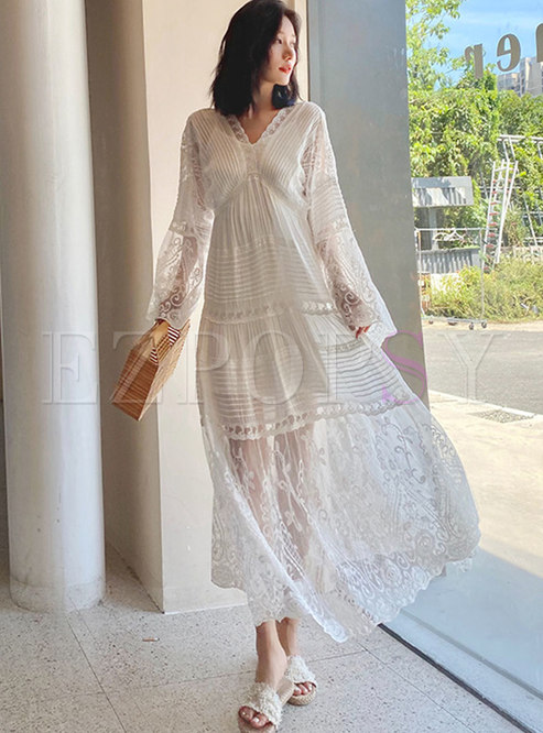 White Long Sleeve Lace Embroidered Maxi Dress