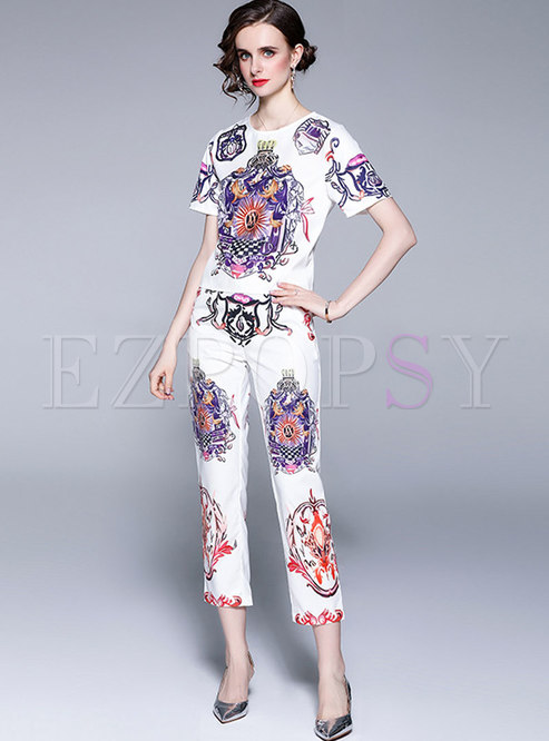 Casual Print Pullover High Waisted Pant Suits