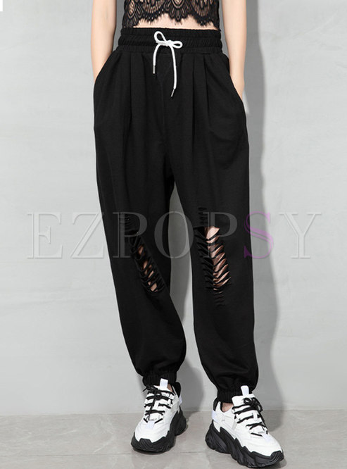Casual High Waisted Drawstring Ripped Joggers