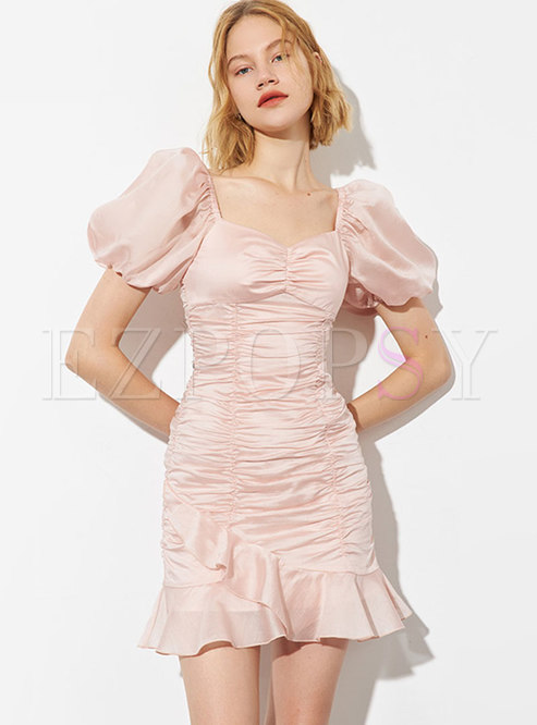 Pink Square Neck Puff Sleeve Ruched Peplum Dress