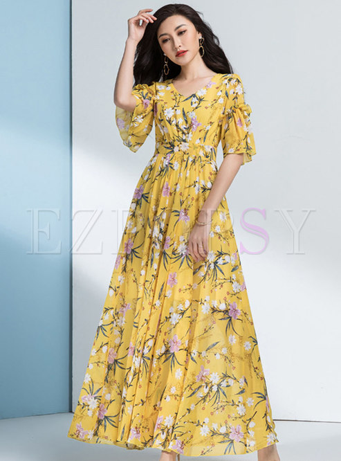 Yellow Print V-neck Chiffon Maxi Dress