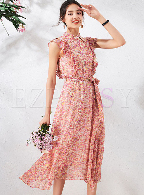 Print Ruffle Floral A Line Maxi Dress