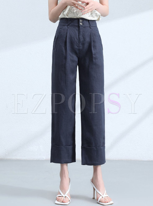 High Waisted Casual Straight Linen Cropped Pants