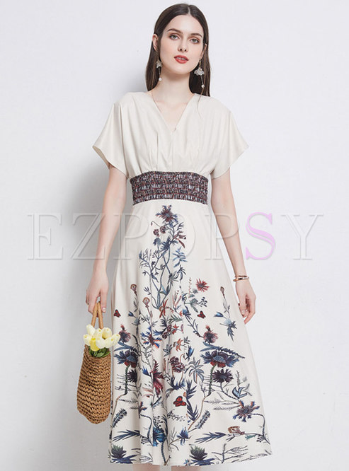 Elegant Print Raglan Sleeve Blouson Dress