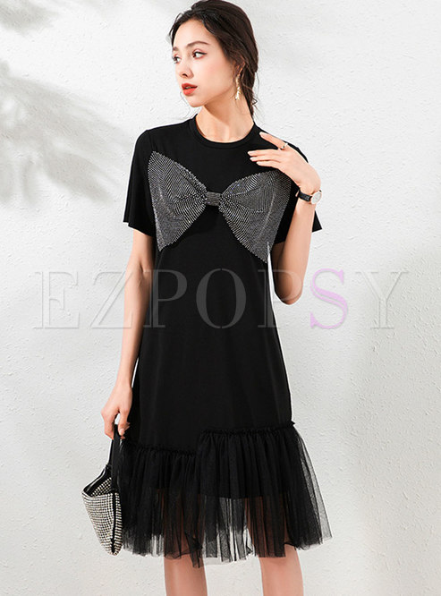 Black Bowknot Mesh Patchwork T-shirt Dress