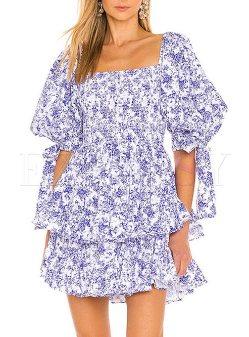 Boho Square Neck Puff Sleeve Floral Layer Dress