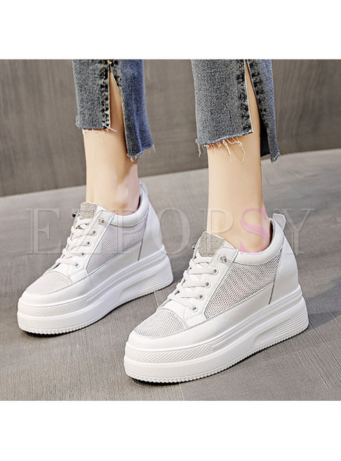 White Rounded Toe Openwork Platform Wedge Sneakers