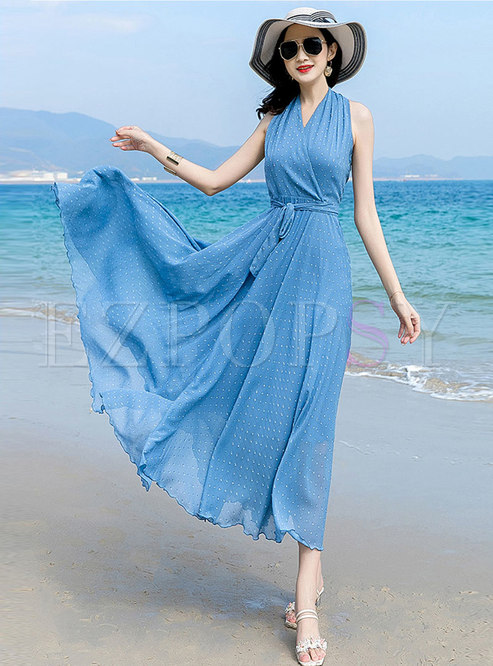 Blue V-neck Sleeveless Chiffon Maxi Dress