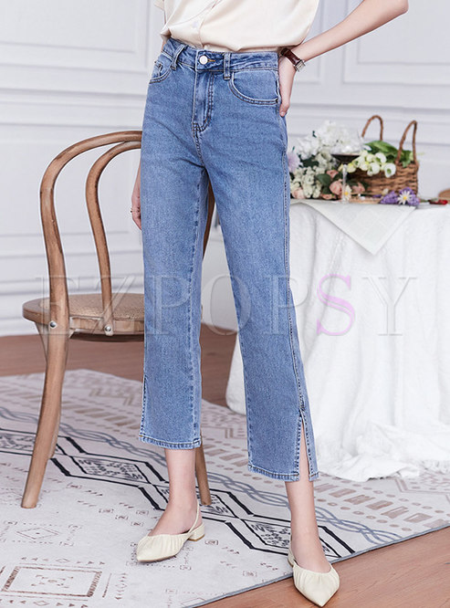 High Waisted Split Capri Straight Jeans