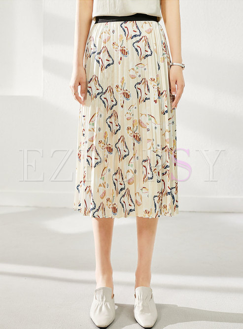 High Waisted Print Pleated Midi Skirt