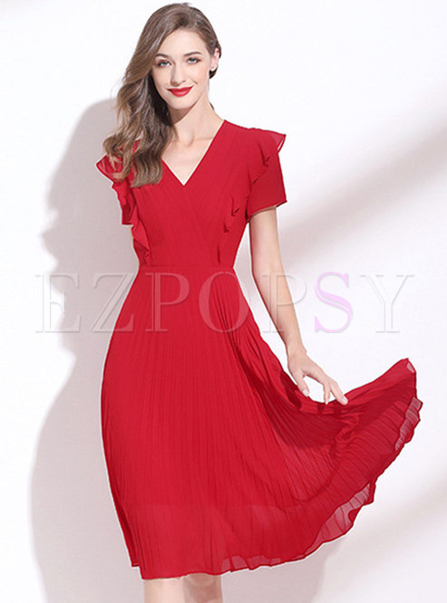 Red V-neck Ruffle Chiffon Pleated Dress