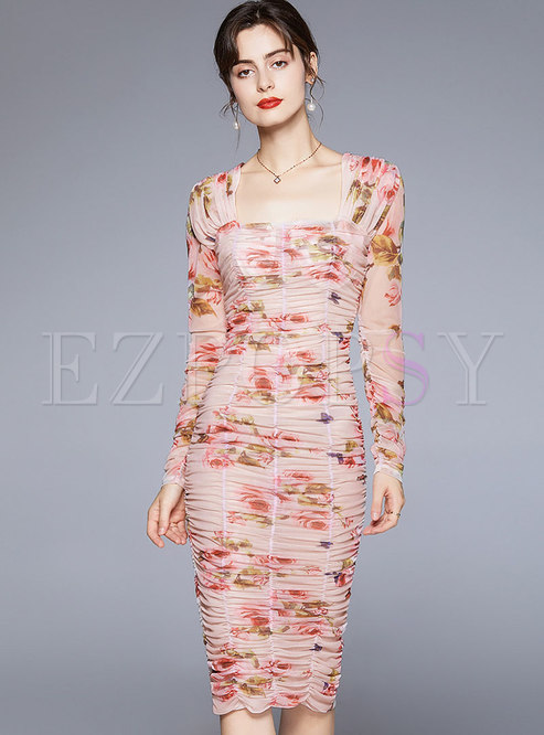 Square Neck Long Sleeve Print Ruched Bodycon Dress