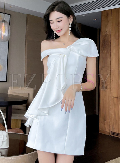 White Asymmetrical Ruffle Cocktail Dress