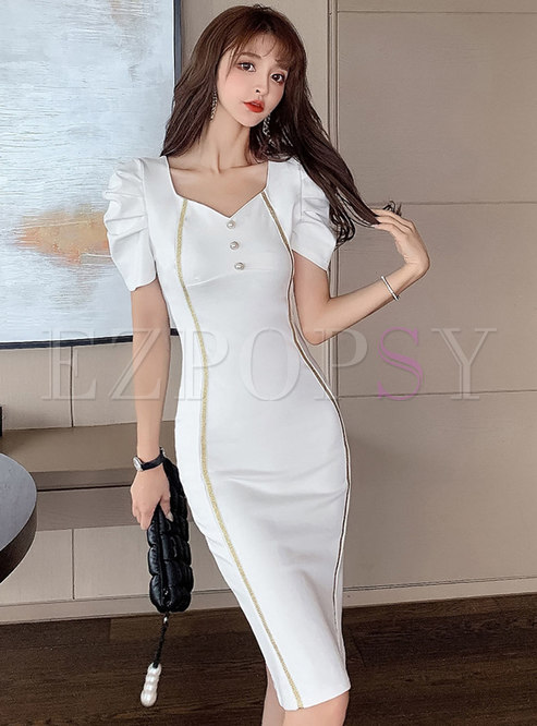 Square Neck Contrast Piping Puff Sleeve Bodycon Dress