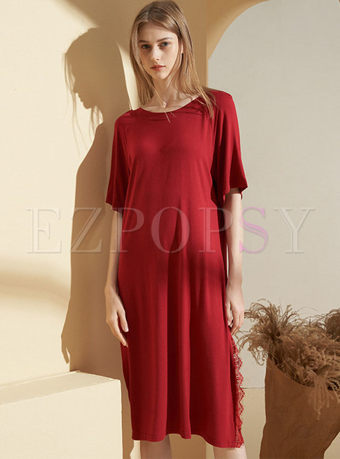Crew Neck Solid Lace Patchwork Split Nightdress