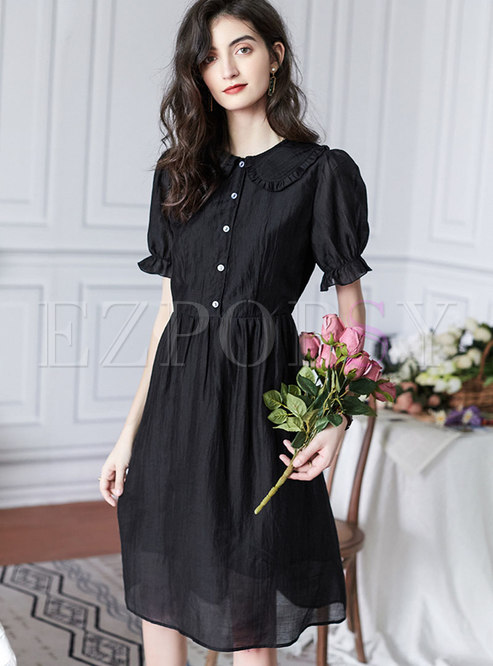 Black Lapel Puff Sleeve A Line Dress