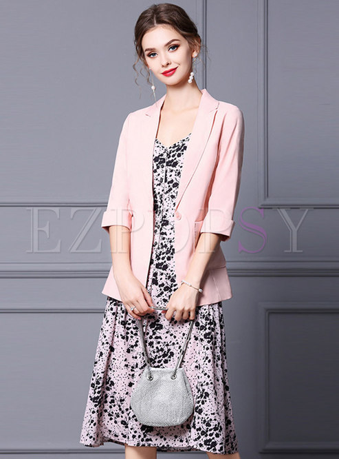 Chic Tie-dye Slip Dress With Pink Blazer