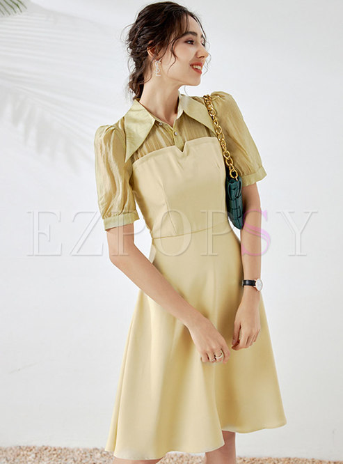 Color Blocked Turn-down Collar A Line Dress