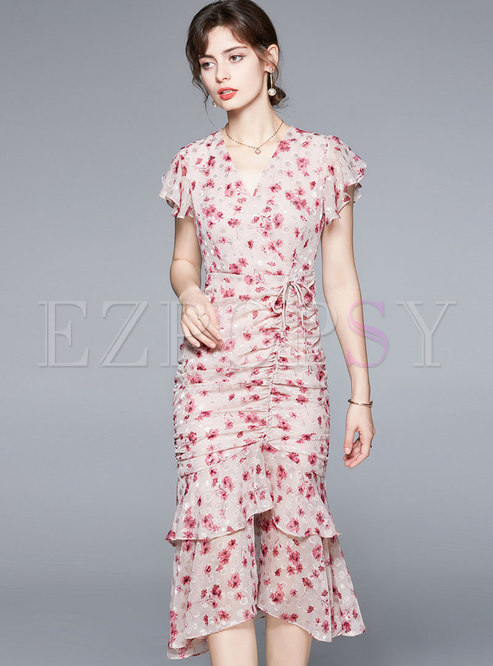 V-neck Ruched Pink Floral Peplum Dress