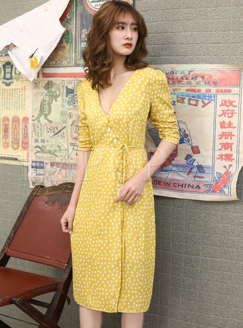 Yellow Half Sleeve Print A Line Chiffon Dress