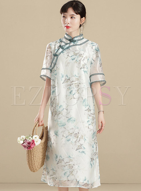 Vintage Mock Neck Half Sleeve Silk Cheongsam Dress