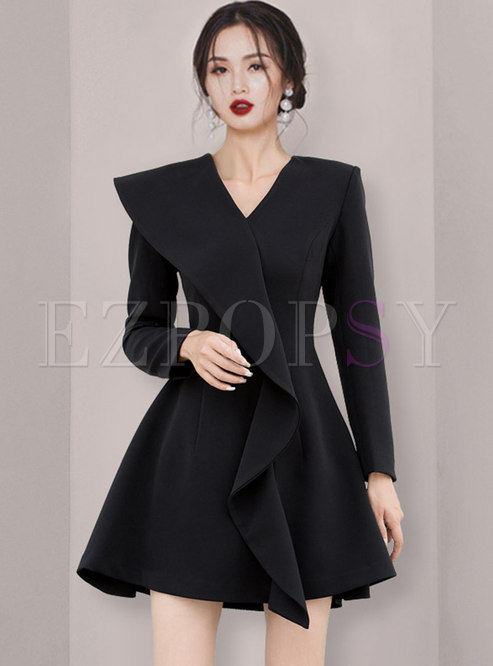 Black Long Sleeve Ruffle A Line Mini Dress