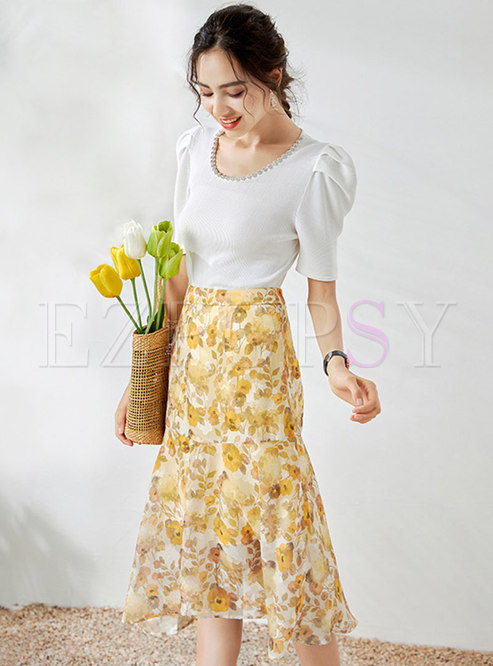 Beaded Puff Sleeve Top Floral Peplum Skirt Suits
