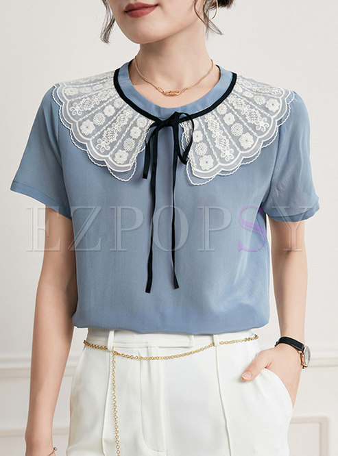 Sweet Embroidered Patchwork Silk Blouse