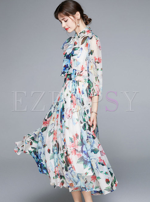 Dresses Maxi Dresses Bowknot Ribbon Print Chiffon A Line Maxi Dress 3473