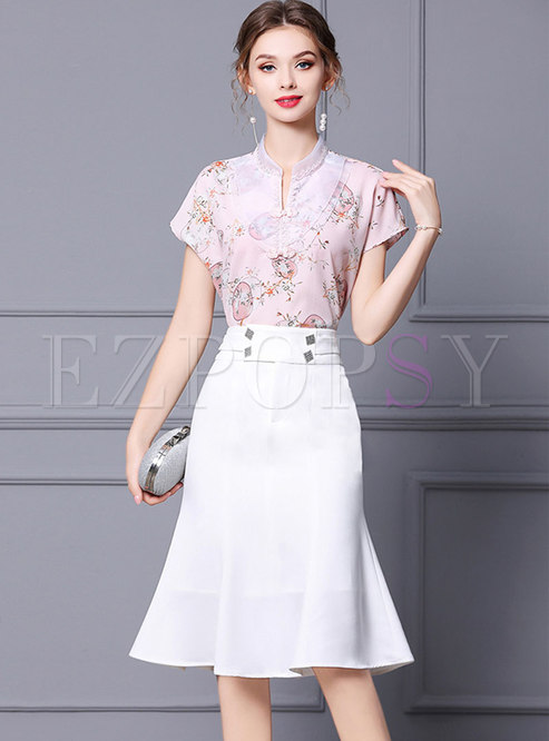 Mandarin Collar Print Blouse & High Waisted Peplum Skirt