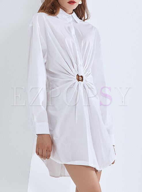 White Turn-down Collar Openwork Ruched Shirt Dress