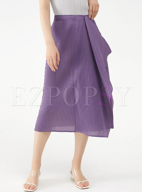Solid High Waisted Asymmetric A Line Midi Skirt