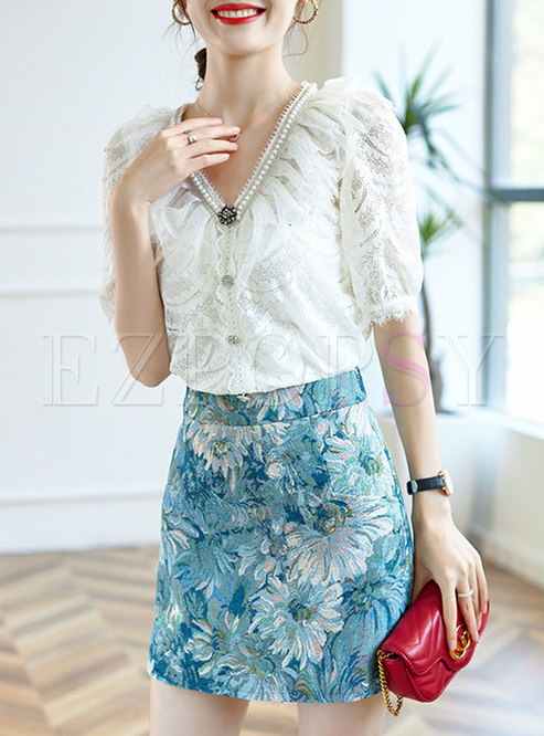 Elegant V-neck Lace Blouse & Print Mini Skirt