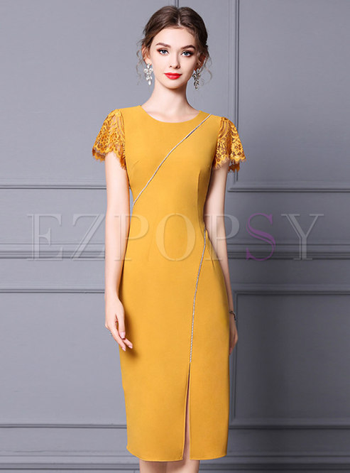 Yellow Lace Patchwork Sequin Bodycon Dress