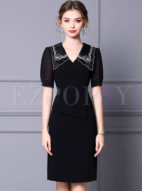 Black Puff Sleeve Embroidered Bodycon Dress