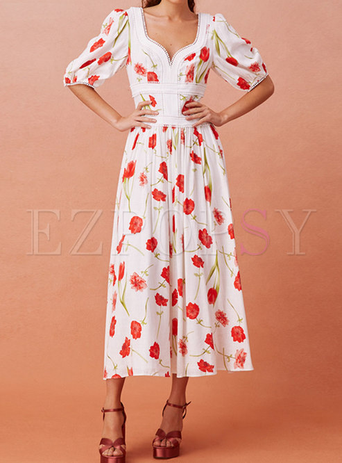 Square Neck Pastoral Puff Sleeve A Line Dress