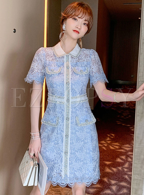 Vintagem Blue Lace Single-breasted Bodycon Dress