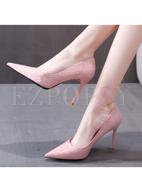 Solid Plaid Leather Pointed Toe High Heels