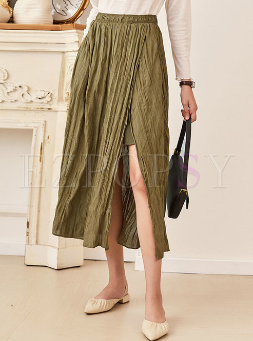 Khaki High Waisted Split Midi Skirt