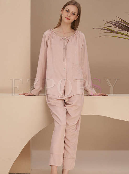 Pink Long Sleeve Drawstring Pajamas Set