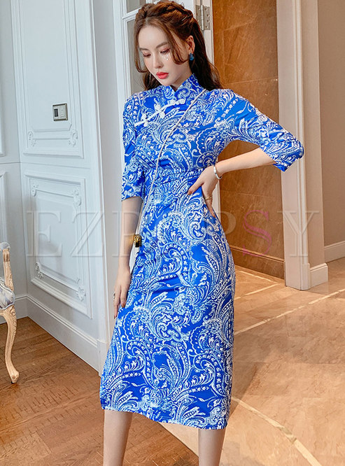 Retro Mandarin Collar Sheath Print Cheongsam Dress