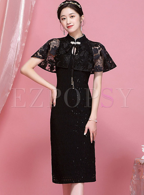 Black Mandarin Collar Cheongsam Dress With Shawl