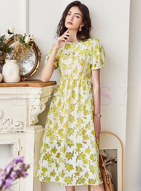 Dresses | Skater Dresses | Yellow Print Puff Sleeve Midi Dress