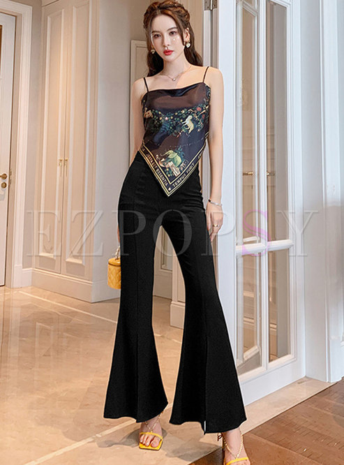 Sexy Black Print Backless Flare Pant Suits