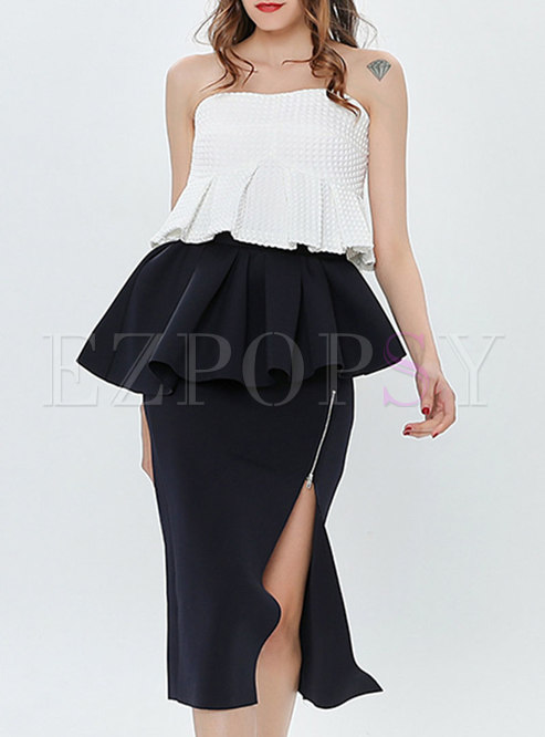 White Strapless Top & Ruffle Split Pencil Skirt