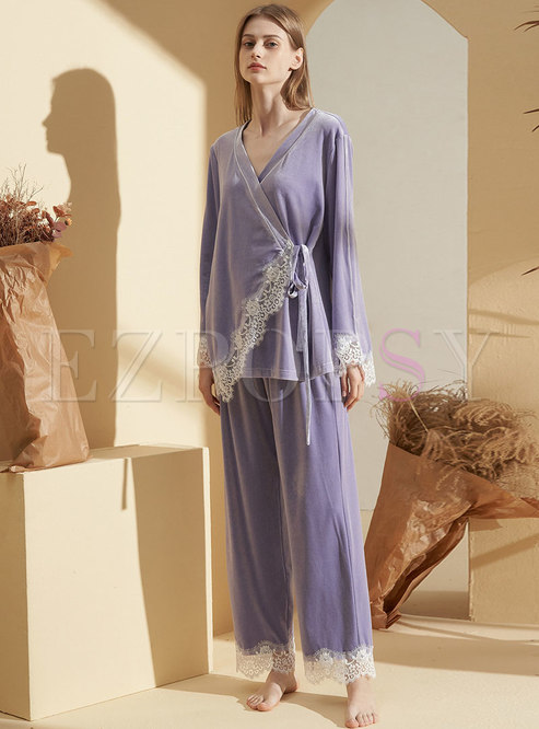 Purple Velvet V-neck Lace Patchwork Pajamas Set