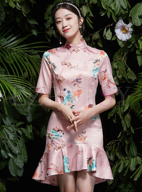 Pink Print Half Sleeve Irregular Cheongsam Dress
